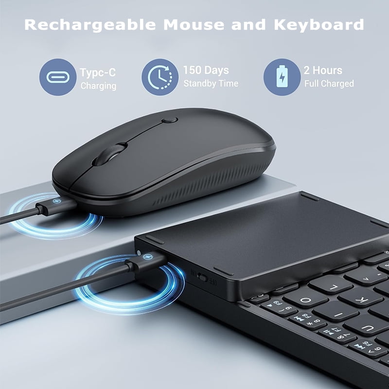 Portable Foldable Bluetooth Keyboard & Mouse Combo, Rechargeable Travel Black