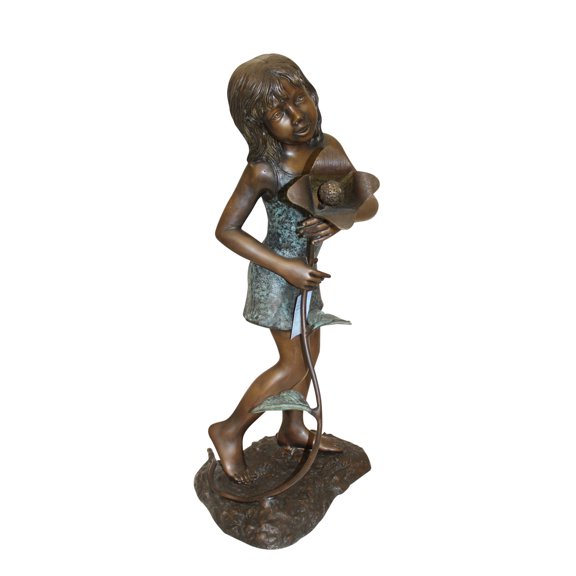 Nifao Girl Holding Flower Outdoor Fountain Statue, Bronze Garden Water Feature Sculpture for Patio & Yard – Outdoor Garden Decor Sculpture, 15"L x 15"W x 35"H