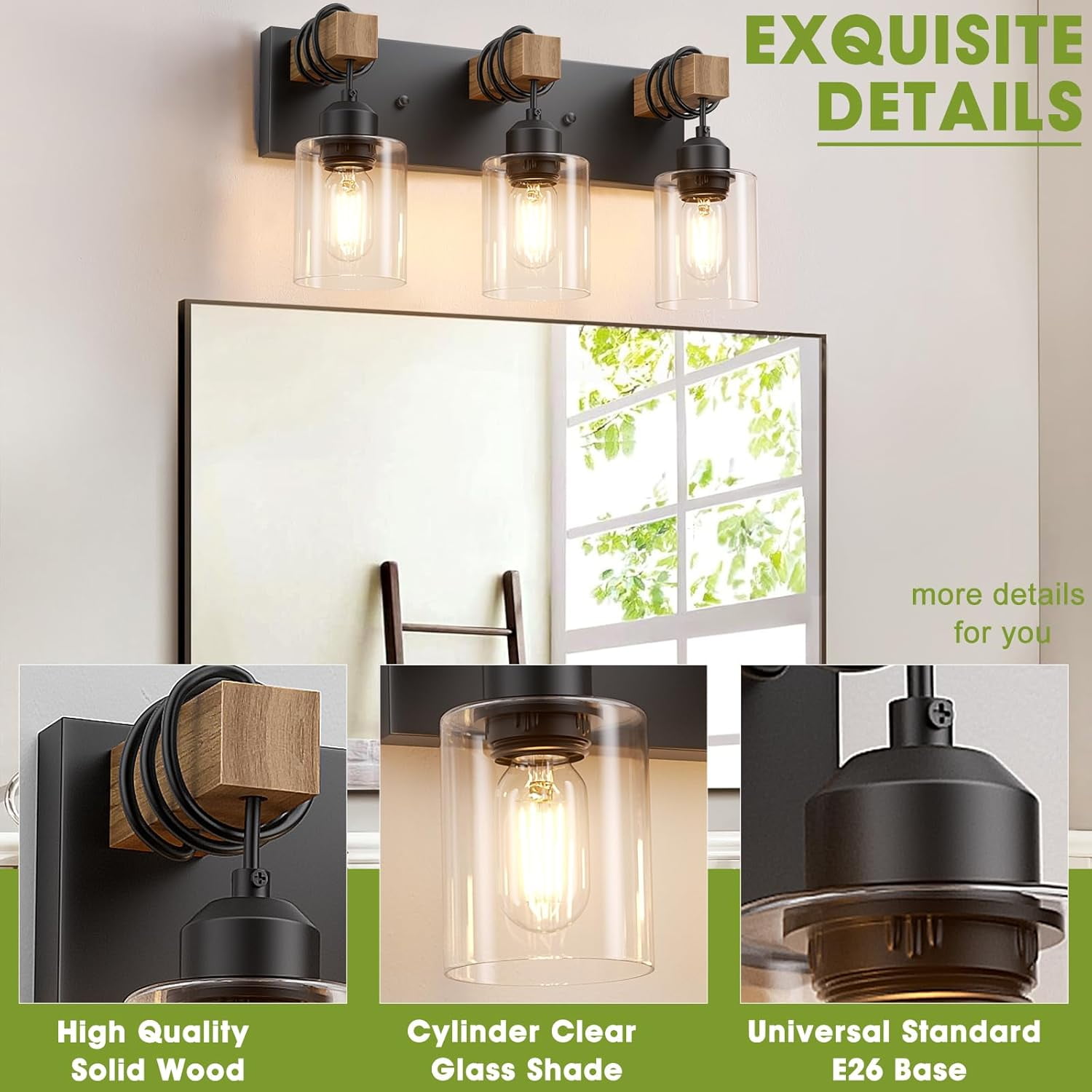 Farmhouse 3-Lights Wood Bathroom Vanity Light Black Bathroom Light Fixtures over Mirror with Clear Glass Shades for Living Room, Bedroom, Hallway