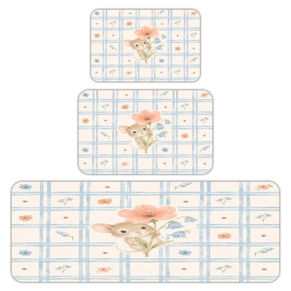 RKSupls Kitchen Rug Set 3 Piece Anti-Slip Flannel Floor Mats, Mouse Holding Poppy Washable Absorbent Runner Mats for Kitchen Bathroom Home Decor