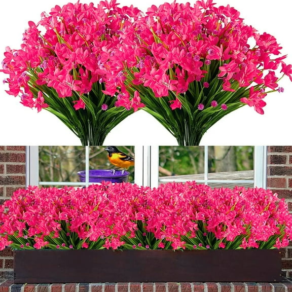 8 Bundles Artificial Flowers for Outdoors, Faux Artificial Plants UV Resistant Fake Daffodils Flowers for Indoor Outside Hanging Planter Porch Window Home Wedding Spring Summer Decor (Rose)
