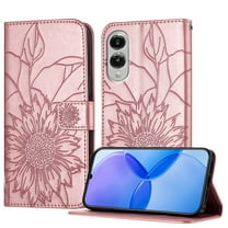 ELEHOLD Case for Samsung Galaxy S25 Edge, Sunflower Embossed Leather Wallet Case with Magnetic Closure & Kickstand,Rosegold