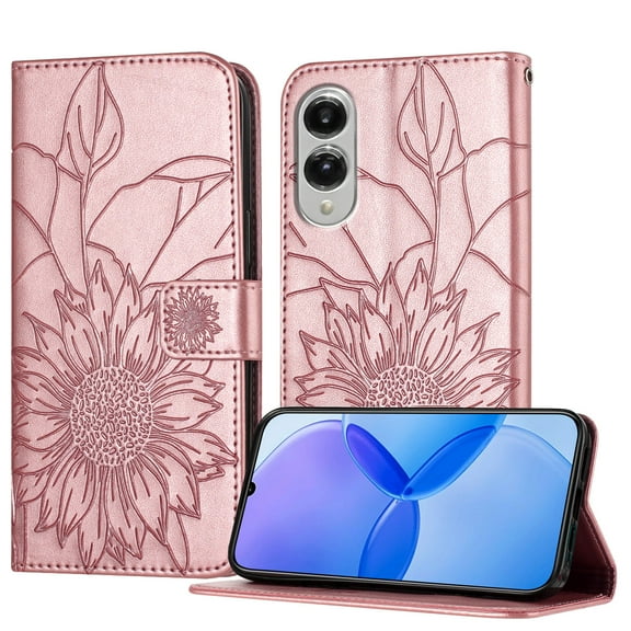 Decase Wallet Case for Samsung Galaxy S25 Edge Case with Card Holder,Sunflower Pattern Leather Phone Case with Kickstand Magnetic Closure Shockproof Cover Fits for Samsung Galaxy S25 Edge,Rosegold