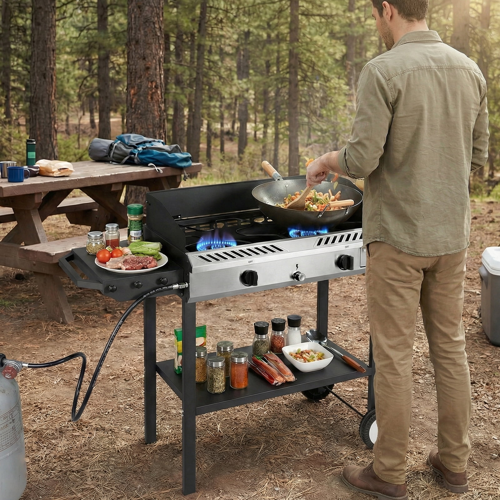 SIXDAY 150,000 BTU 2-Burner Outdoor Gas Stove with Side Shelves & Wind Panel, Regulator, and All-Terrain Wheels for Easy Mobility