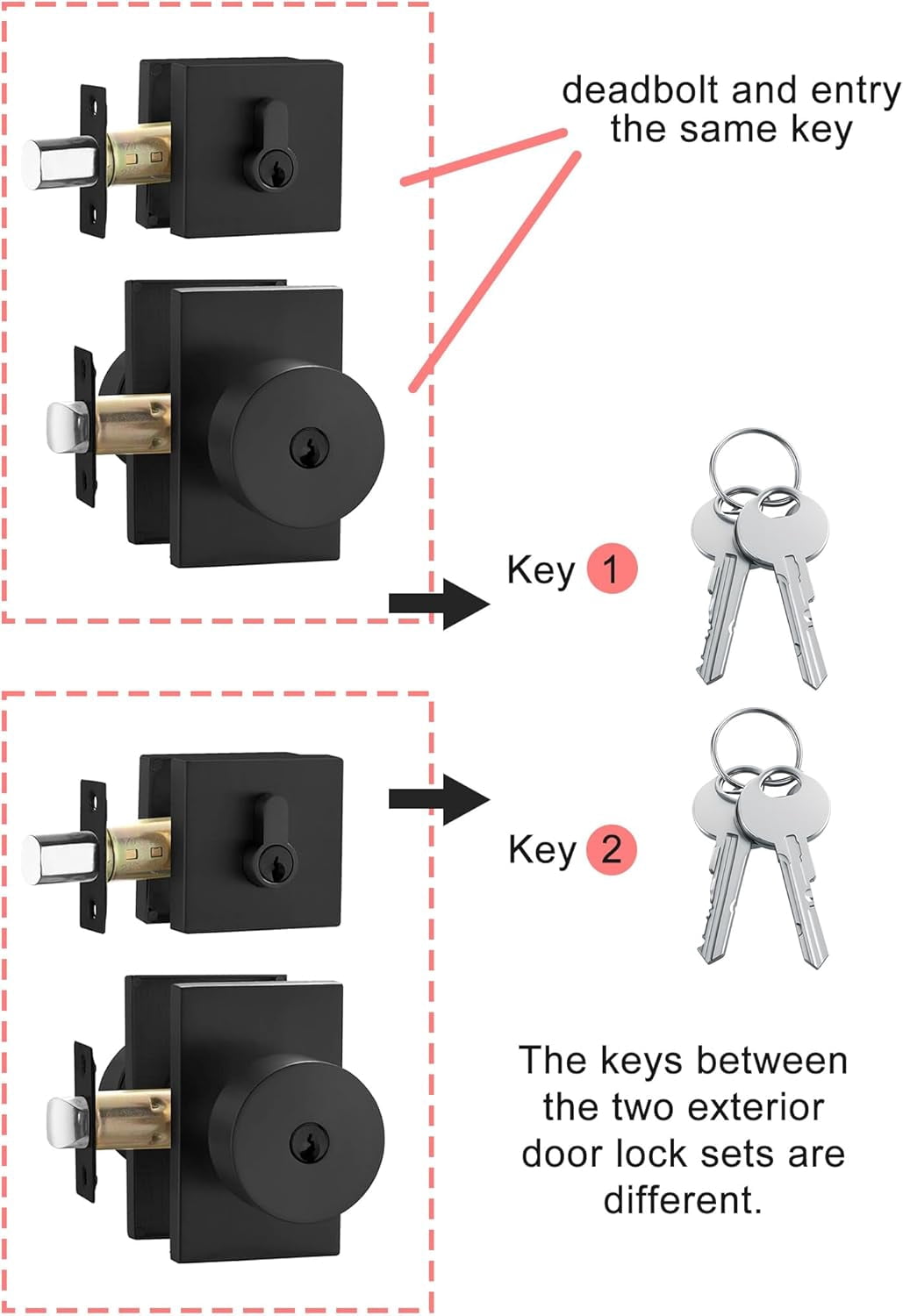 Black Door Knob with Deadbolt, Zinc Alloy Matte Black Exterior Door Lock Set, Heavy Duty Front Door Knob and Deadbolt Set with Lock and Key, Reversible Modern Secure Entry Hardware (2 Pack)