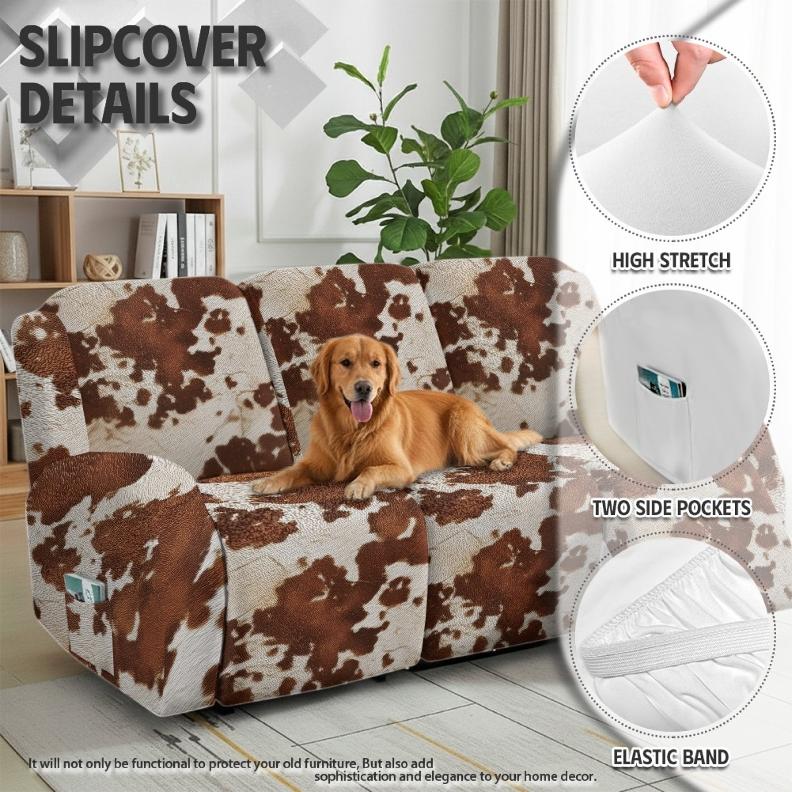 COEQINE Brown Cow Print Recliner Sofa Cover Polyester 3 Seater Reclining Chair Protector 8 Pieces Stretch Recliner Chair Cover Dog Couch Slipcover for Living Room Home Decor
