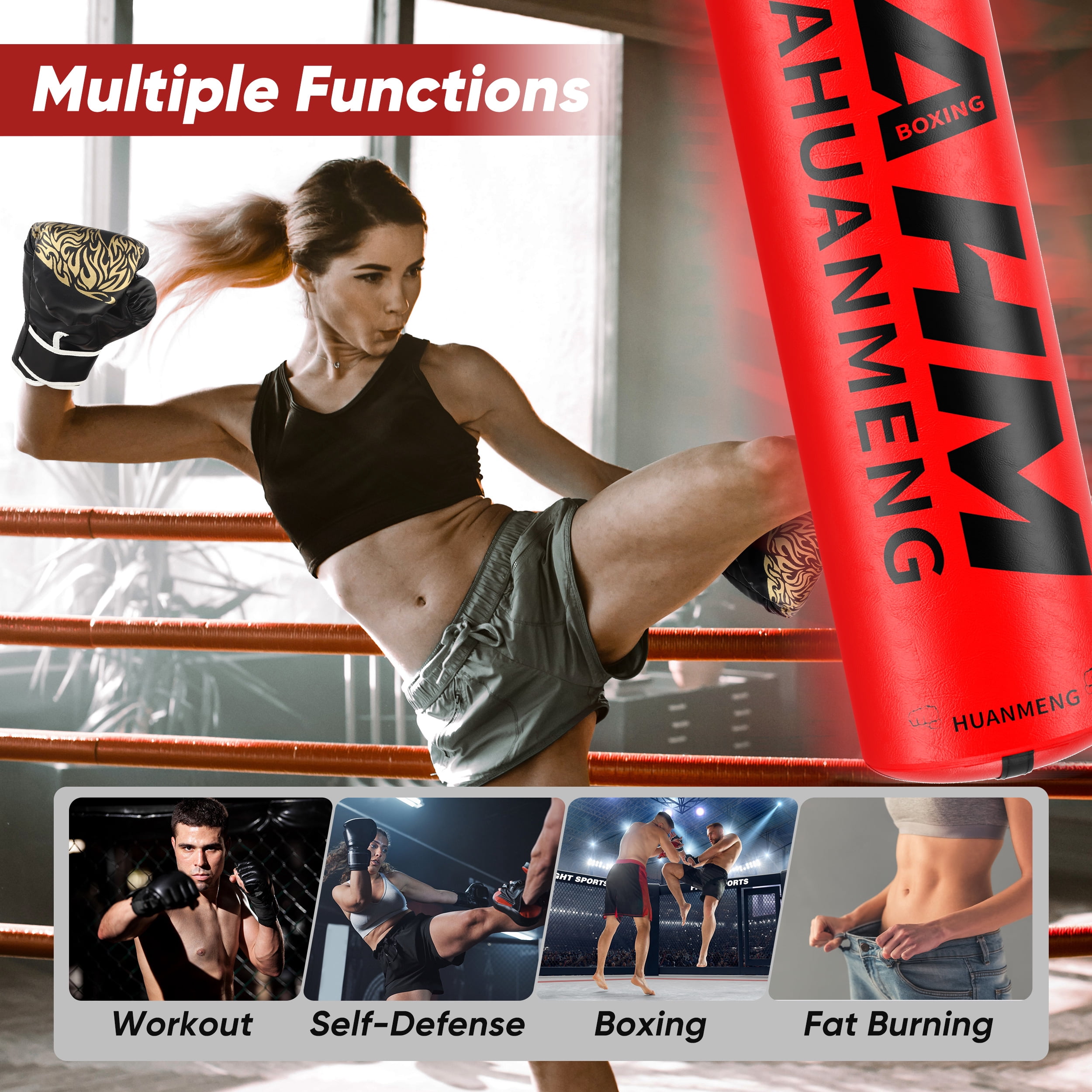 Doulami Punching Bag for Adults 4FT PU Heavy Boxing Bag Set Hanging Boxing Kit w/ Gloves, Red