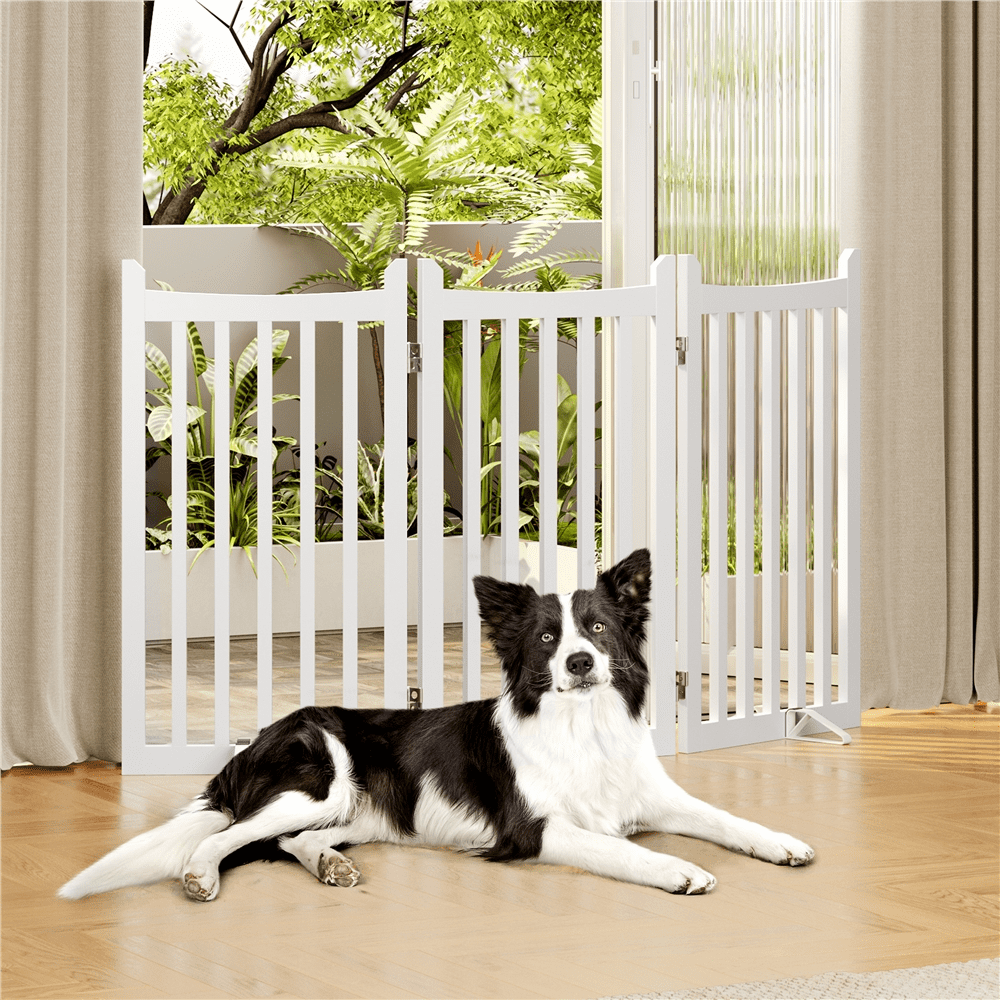 Alden Design 36″ Tall 3-Panel Freestanding Wooden Dog Gate for Small Pet, White
