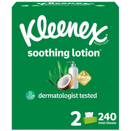 Kleenex Soothing Lotion Coconut Oil Facial Tissues, 2 Flat Boxes, 120 White Tissues per Box