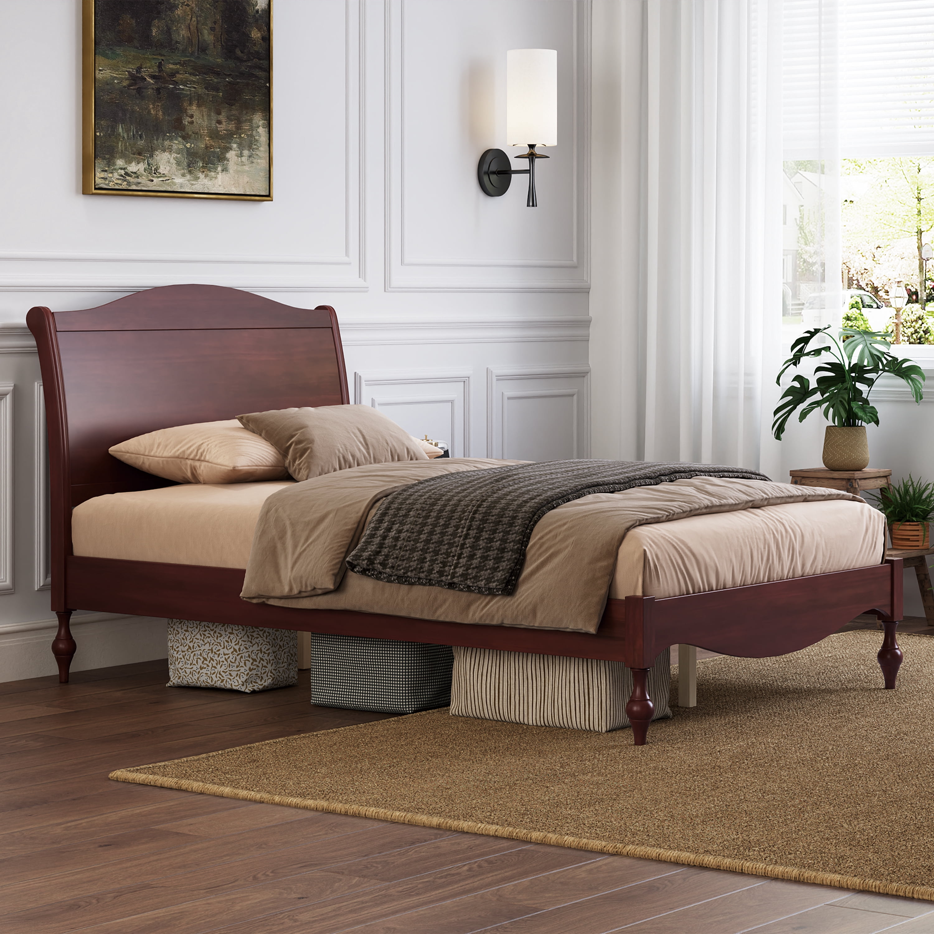 Mintazer Vintage Curved Full Platform Bed with Traditional Arched Headboard & Turned Legs for Bedroom, No Box Spring Needed, Easy Assembly, Dark Walnut