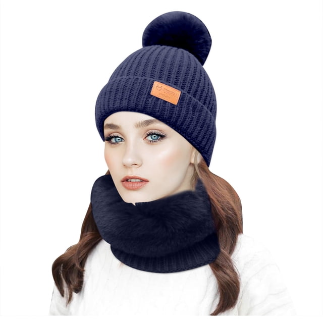 Chapeau pour Femmes Mode Hiver Bonnet Tricoté Col Boule Ensemble Épais Chaud avec Cache-Oreilles