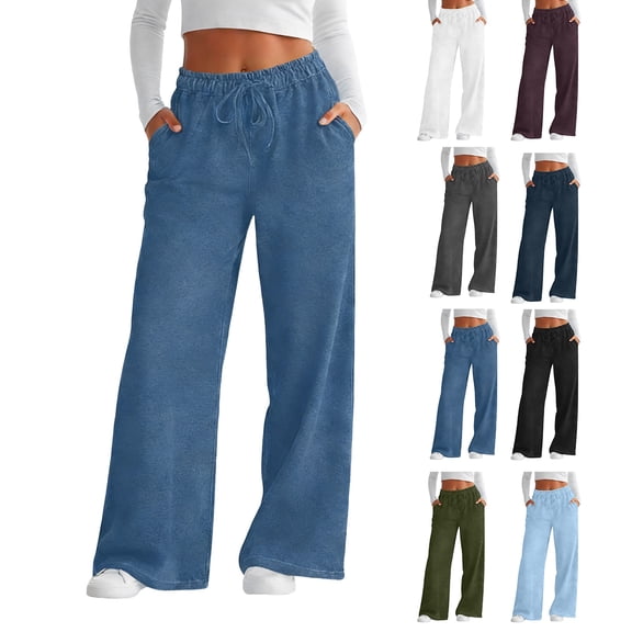 felwors Women's High Waisted Wide Leg Jeans Elastic Waist Drawstring Pull On Denim-Like Pants with Pockets Stretchy Casual Trousers (Blue, S)