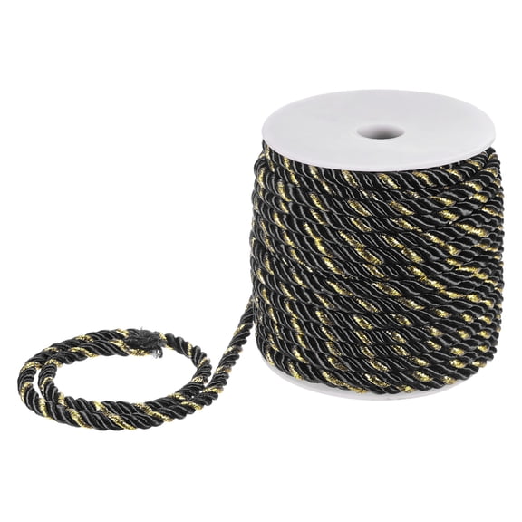 Uxcell 22 Yards Soft Twisted Rope Trim, 5mm/0.2" Black and Gold Polyester Twisted Silk Rope Cord for DIY Craft