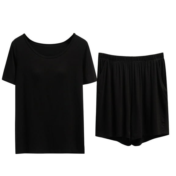 Sngxgn Women Nightwear Short Sleeve Shirt and Shorts Pajama Set V Neck Sleepwear(Black,L)