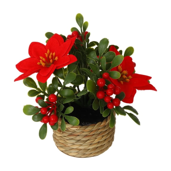 MInHoues Artificial Poinsettia Potted Plant with Woven Basket, Faux Red Christmas Floral Arrangement Tabletop Decor, Rustic Holiday Flower Pot for Home Desk Fireplace Mantel Party