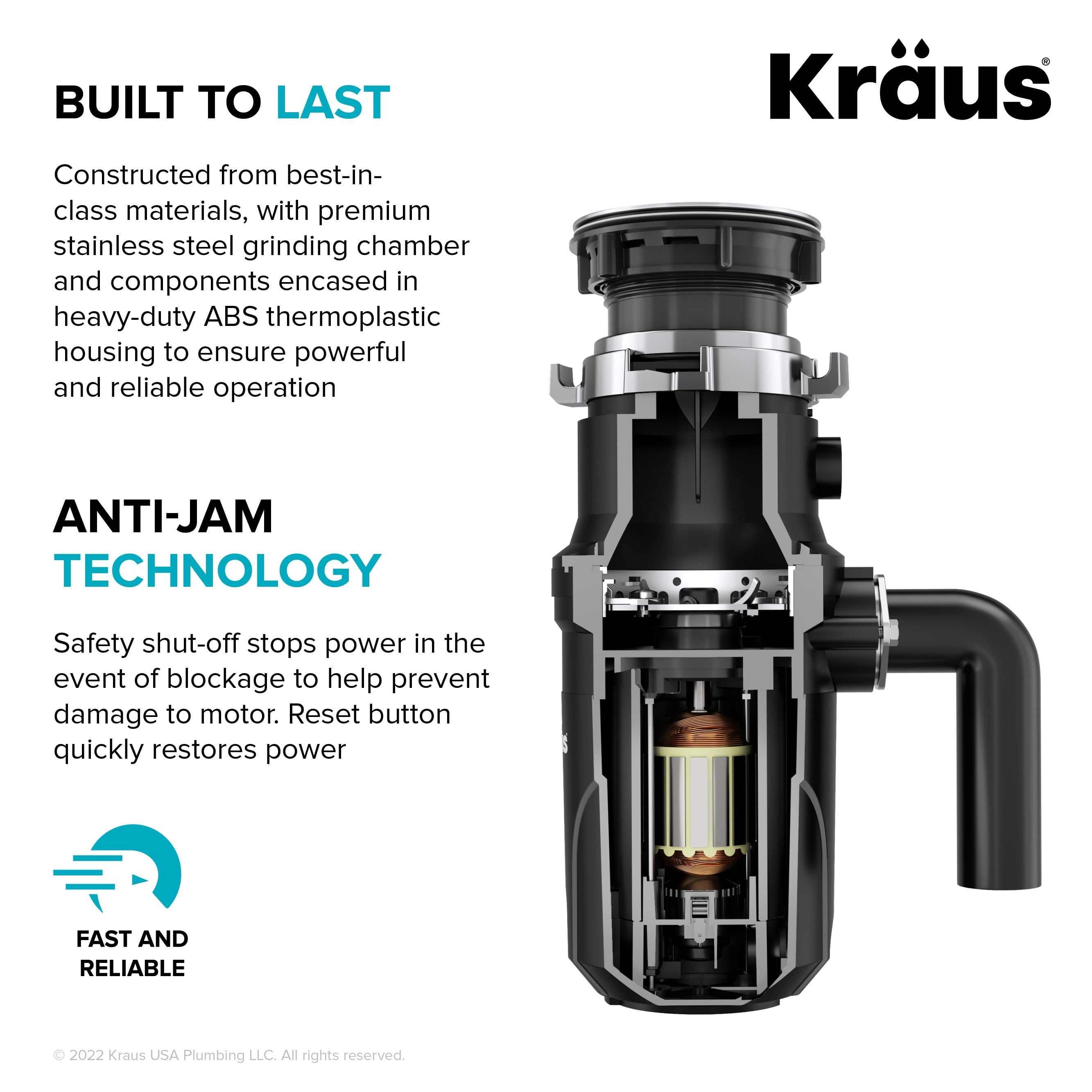Open Box KRAUS WasteGuard High-Speed 1/3 HP Continuous Feed Ultra-Quiet Motor Garbage Disposal with Quick Connect Mount, Power Cord and Flange Included