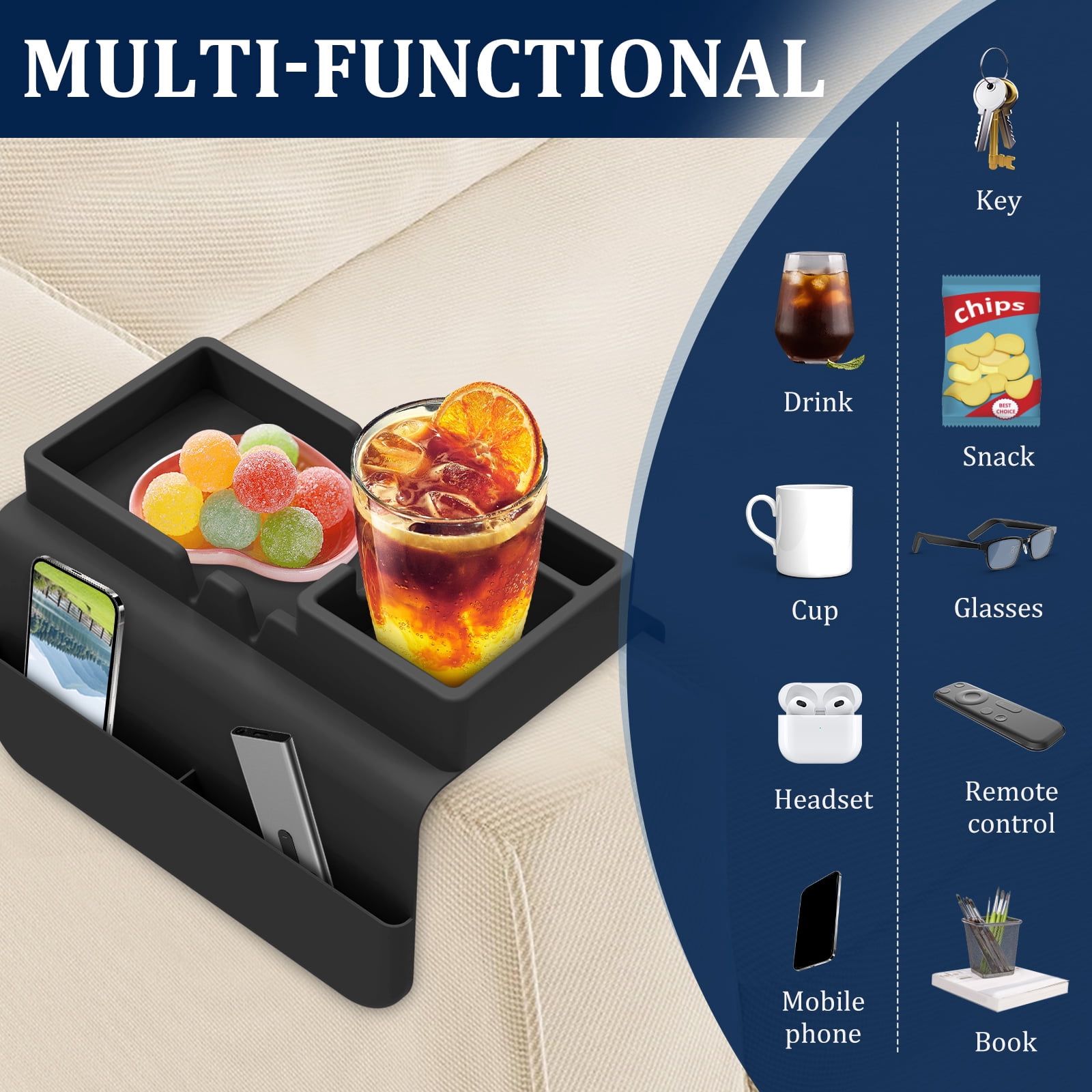 NUAHRHY Couch Cup Holder, Couch Arm Tray, Silicone Sofa Armrest Tray with Dual-Side Pocket, Anti-Spill Chair Recliner Organizer for Cellphone Remote Control Snacks iPad