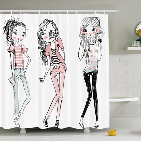 Up Shower Curtain Ambesonne Fashion House Sketch of Cute Cartoon Elegant Girls with Makeup Clothes Image Shower Curtain Set ()