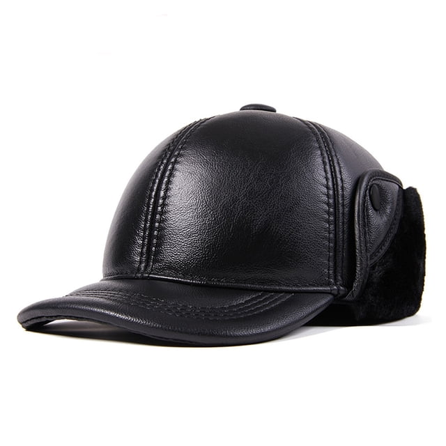 Men's Genuine Leather Duckbill Baseball Cap with Thick Fleece Lining, Warm Winter Hat