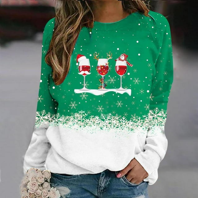 Femmes Mode Col Rond Noël Manches Longues Tops Chemisier Pull Sweat-Shirt