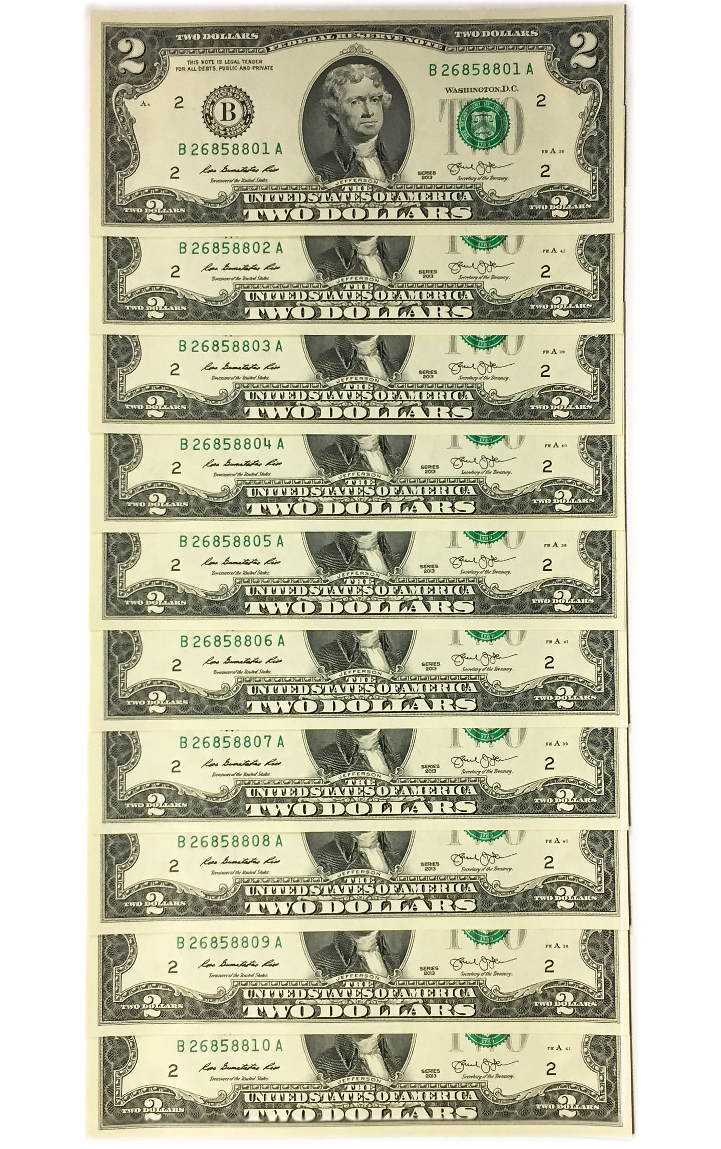 Limited Edited 10 New $2 Two Dollar Bills Note Consecutive Uncirculated 2003. 