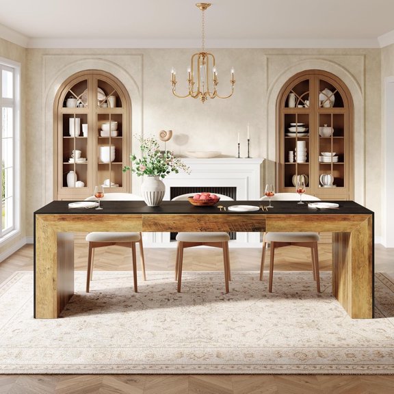 Tribesigns 86.6-Inch Extra Long Dining Table for 6-8 People, Kitchen Table with Wooden Tabletop and Legs for Dining Room (Black & Brown, Only Table)