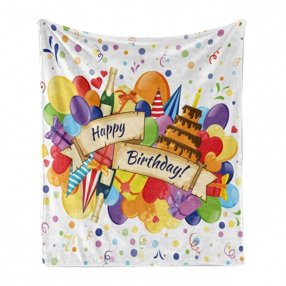 Birthday Soft Flannel Fleece Throw Blanket, Colorful Joyous Burst with Champagne Bottles Cake Balloons Celebration, Cozy Plush for Indoor and Outdoor Use, 50" x 60", Multicolor, by Ambesonne