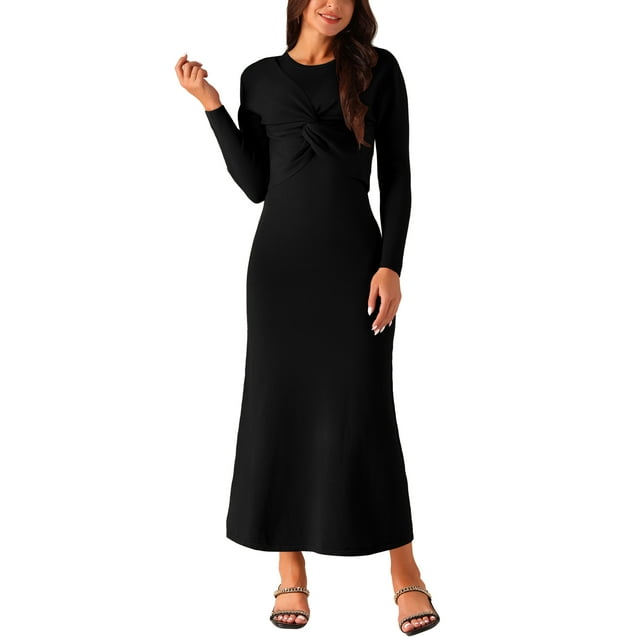 INSPIRAR CHIC Conjunto de Vestido de Dos Piezas para Mujeres, Vestido A-Line de Manga Larga con Frente Torcido, XL Negro