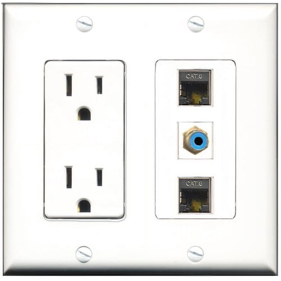 RiteAV - 15 Amp Power Outlet 1 Port RCA Blue 2 Port Shielded Cat6 Ethernet Ethernet Decorative Wall Plate