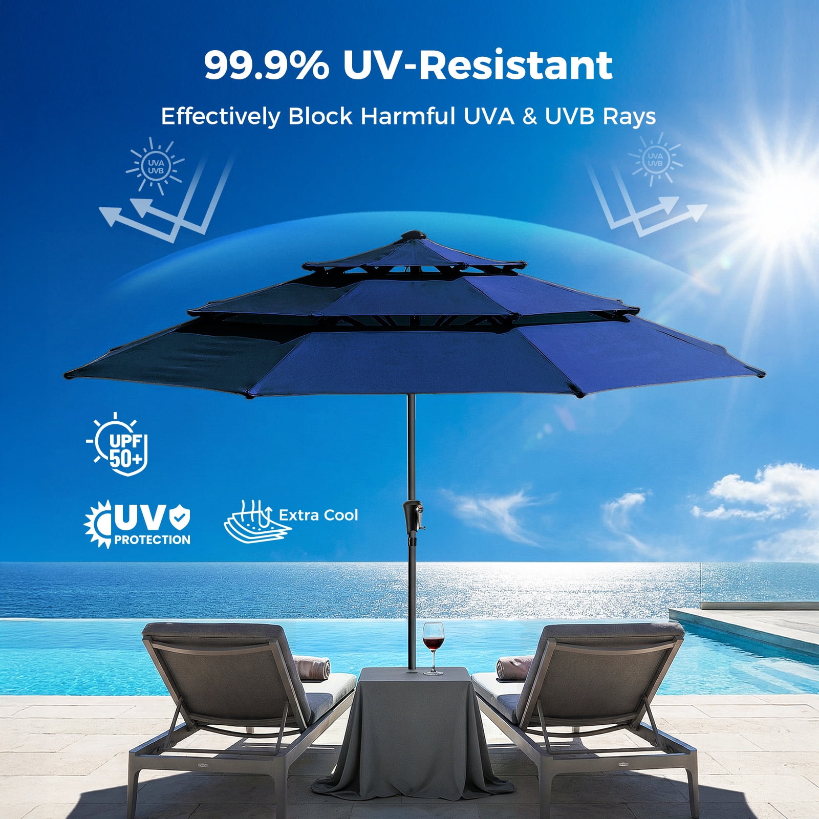 Patbrela 9ft 3-Tier Solar Patio Umbrella with LED Lights, Tilt Adjustment Outdoor Umbrella, Market Sun Shade for Beach, Backyard, Deck, Poolside, Navy
