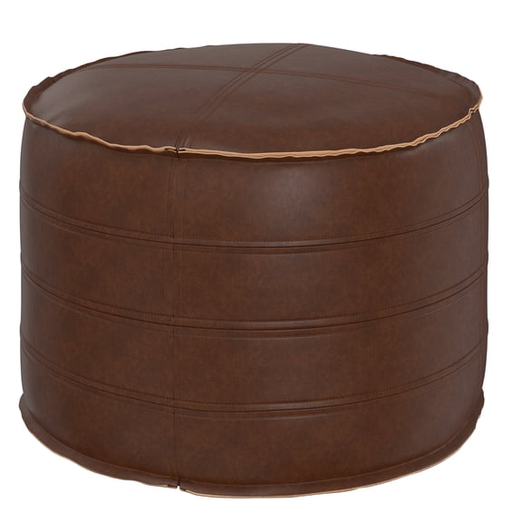 Simpli Home Brody Boho Round Pouf in Distressed Dark Brown Faux Leather