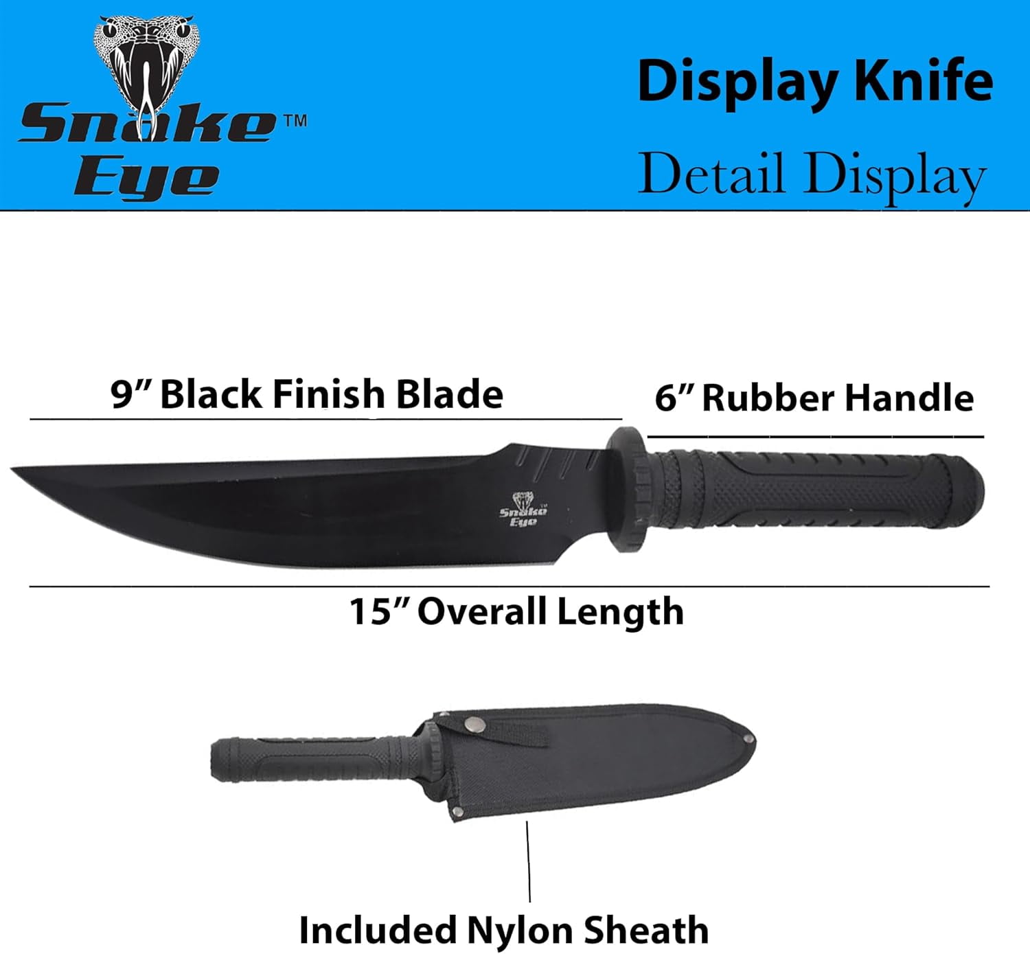 Snake Eye Tactical 15" Fixed Blade Hunting Knife - 9" Half Serrated Sawback Stainless Steel Blade w/ Nylon Sheath