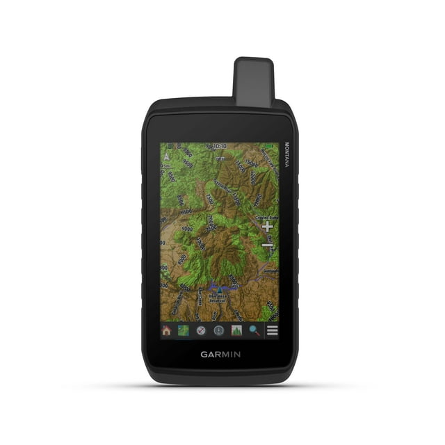 gps garmin montana 710 dispositivo GPS de mano con antena superior y pantalla táctil vertical de 5 pulgadas mostrando un mapa topográfico a color con relieve, iconos de ruta y controles en pantalla; carcasa negra resistente con logotipo GARMIN en la parte inferior; también suele usarse para planificar rutas de senderismo y ciclismo.