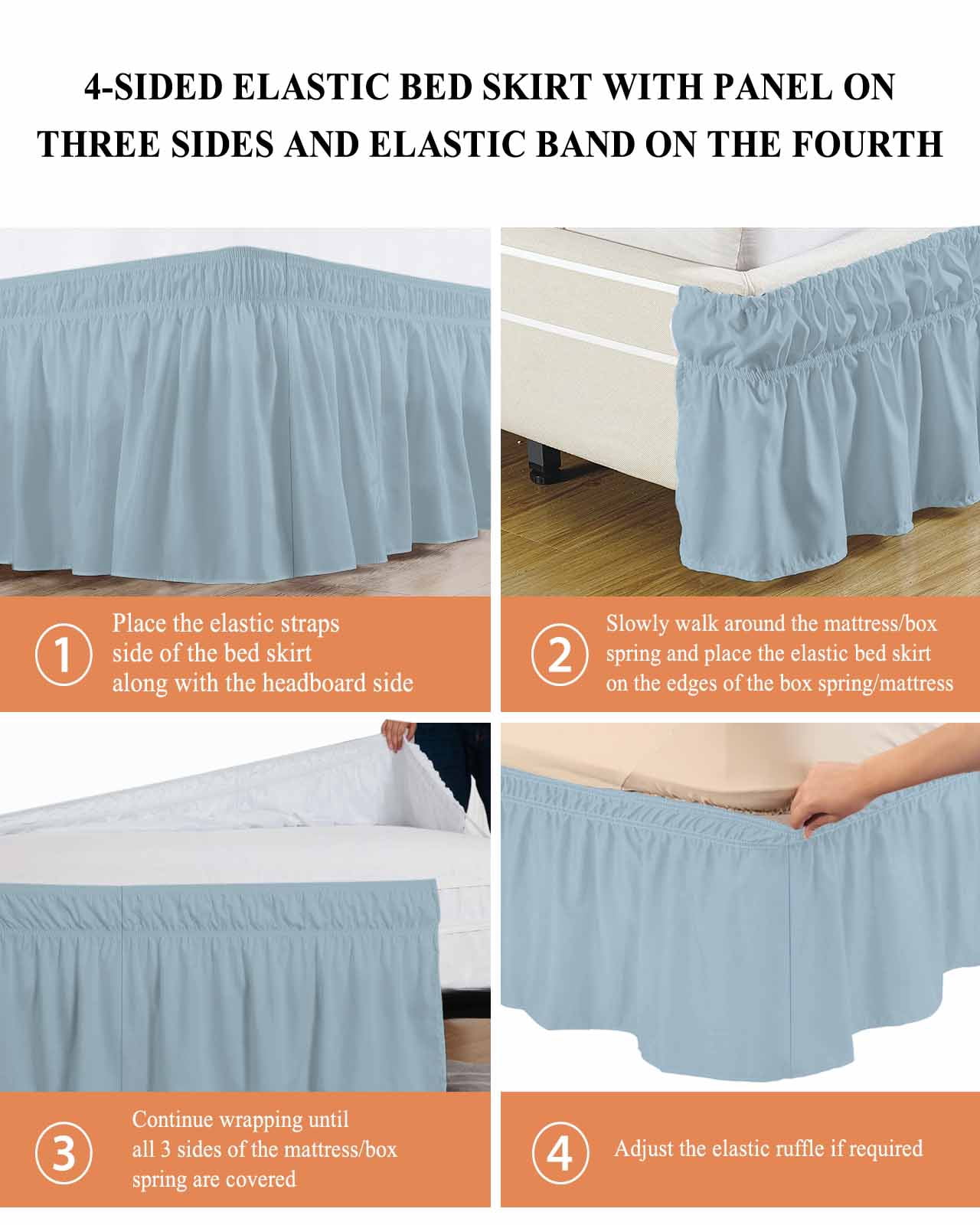 Sky Blue Bed Skirt Cal King Size, Modern Pure Winter Sky Blue Wrap Around Bed Skirting with Adjustable Elastic Strap, Dust Ruffled Pleated Bedskirts 18 Inch Drop for Bedroom Cal King Beds