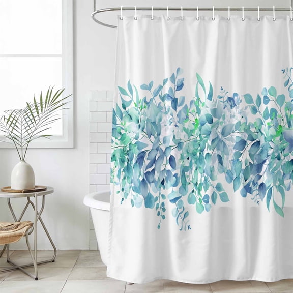 Teal Blue Eucalyptus Leaves Waterproof Shower Curtain, Large 72"x78" Washable Polyester Fabric Shower Curtains for Bathroom, Spring Summer Botanical Floral Decorative Bathtub Curtain Sets with Hooks