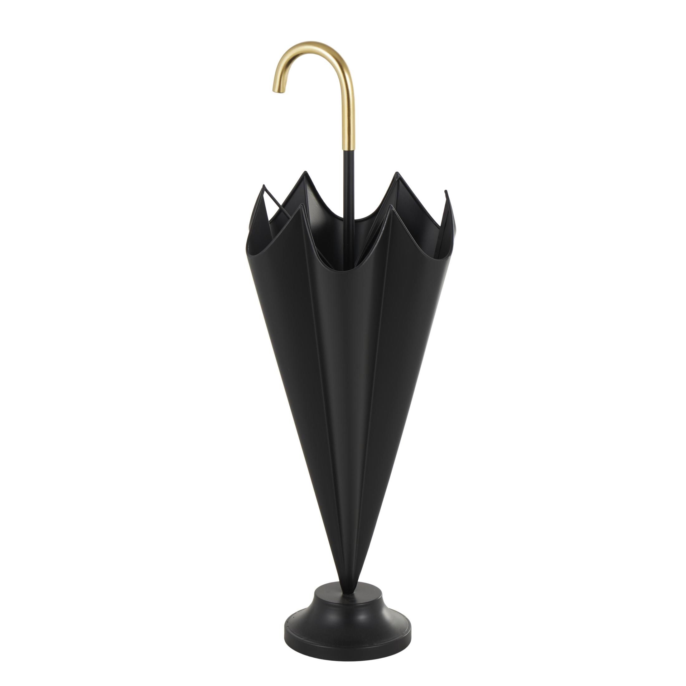 DecMode Black Metal Umbrella Stand with Gold Handle and Ball Details