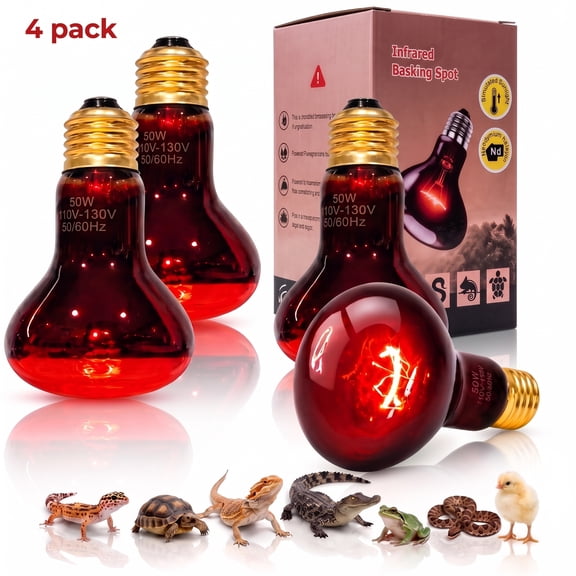 MQAAUP Reptile Heat Lamp 4-Pack 50W Reptile Red Light Heat Bulb E26 110V for Snake Leopard Gecko Tortoise Lizard Terrarium