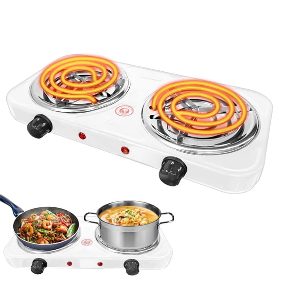 Hot Plate,Double Burner, 2000W Electric Stove Burner with 5 Levels Temperature Control, Countertop Double Coil Burner Cast Iron Cooktop for All Cookwares Home Camp RV,White