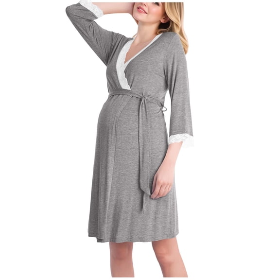 Efsteb Women's Maternity Nursing Robe Casual 3/4 Sleeve Wrap Front Gown with Lace , Labor , Delivery Loungewear ,Dark Gray,X-Large