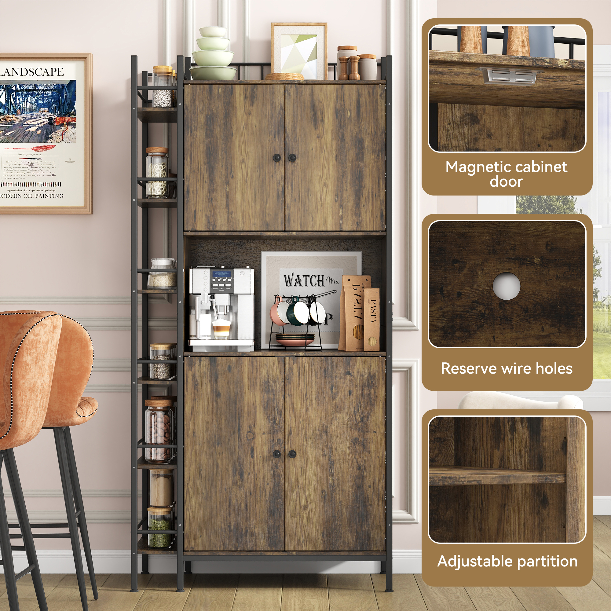 IDEALSOUL Pantry Storage Cabinets, 70.8" Kitchen Pantry Cabinet with Side Shelf, 2 Doors and 3 Shelves, Brown