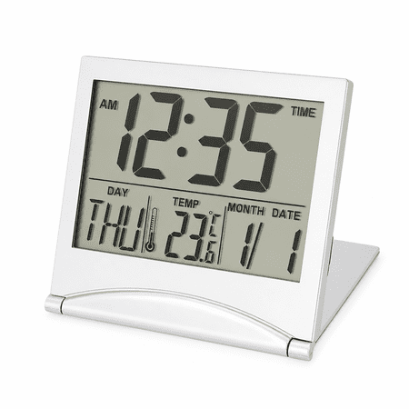 AURENIX 2026 New Heavy Sleepers Alarm Clock Vintage Room Decor Radio Digital Travel Alarm Clock Foldable Calendar Temperature&Timer Lcd with Snooze Mode Large Number Display Battery Operated