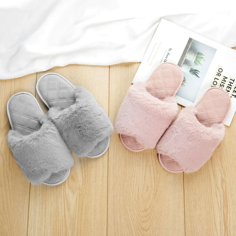 Open Toe Fuzzy Slippers for Women, Grey Plain House Shoes Home Sandals  Slides Comfy Anti-Slip