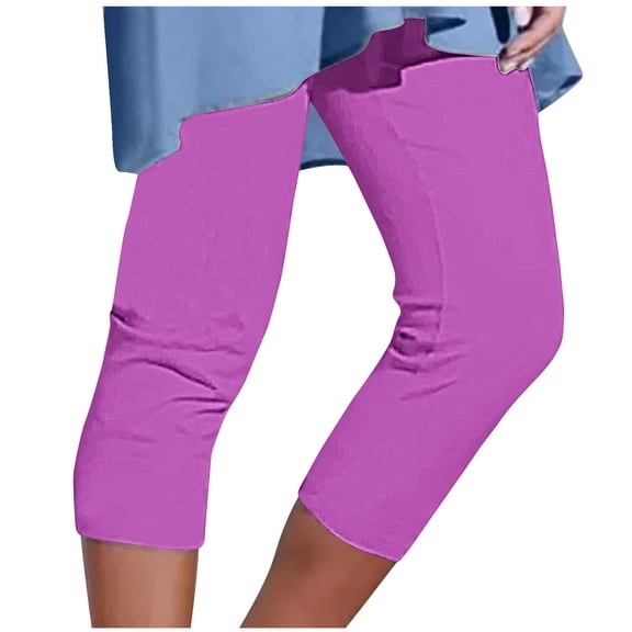 Seffadzy Women's Capris Yoga Pants High Waisted Stretchy Tummy Control Pocket Solid Color Casual Sports Beach Workout Fitness Purple M