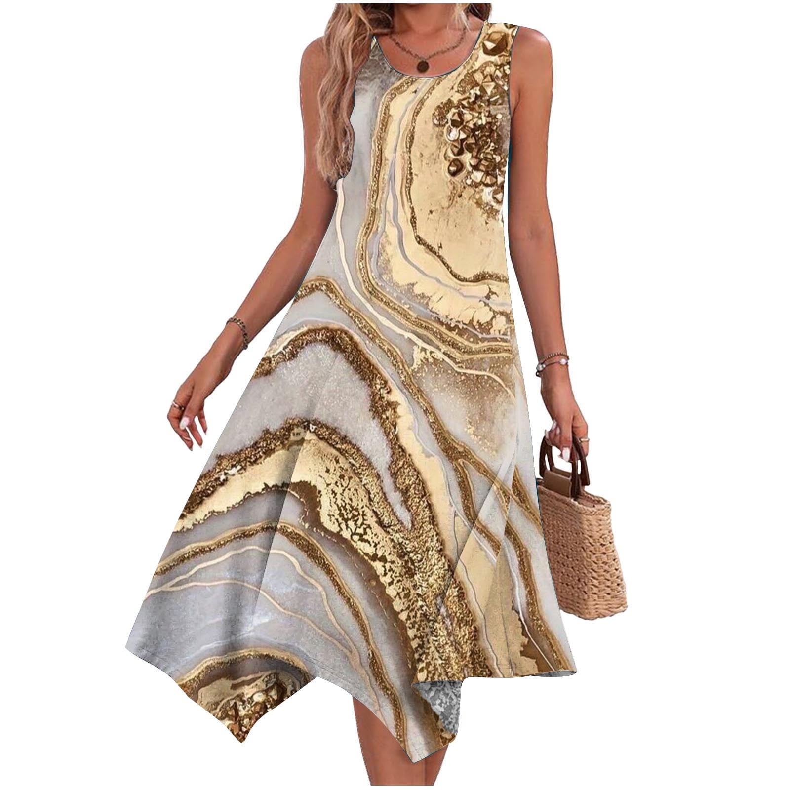 Meichang Sundresses for Women Hankerchief Hem Midi Dresses Marble Print  Sleeveless Scoop Neck Summer Dresses Loose Flowy Beach Dresses Swing Tank Dresses  Brown L - Walmart.ca