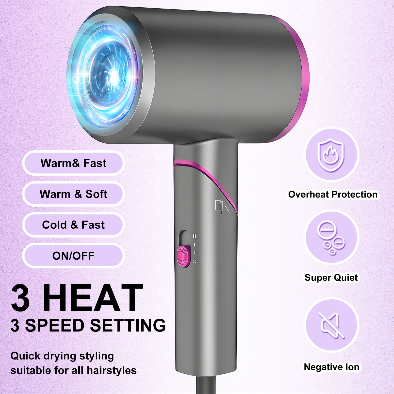 Hair Dryer with Diffuser, 1800W Professional Ionic Blow Dryer, Fast-Drying Hair Dryer with Foldable Handle, Nozzle for Home, Salon, Travel, Light Gray