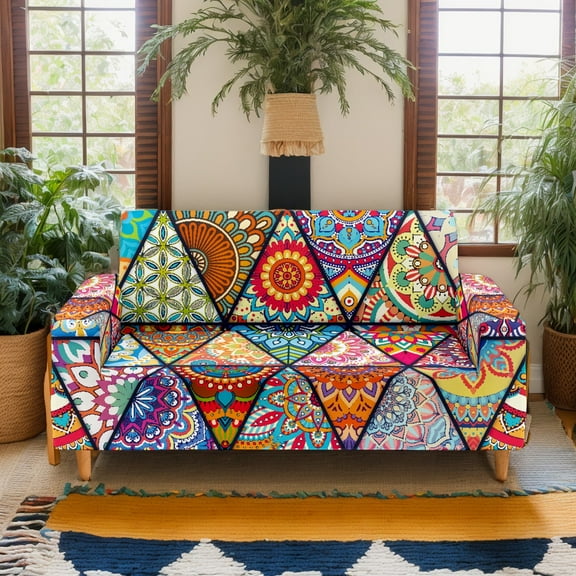 Triangle Boho Microfiber Sofa Slipcover, Colorful 1-4 Seater Digital Print