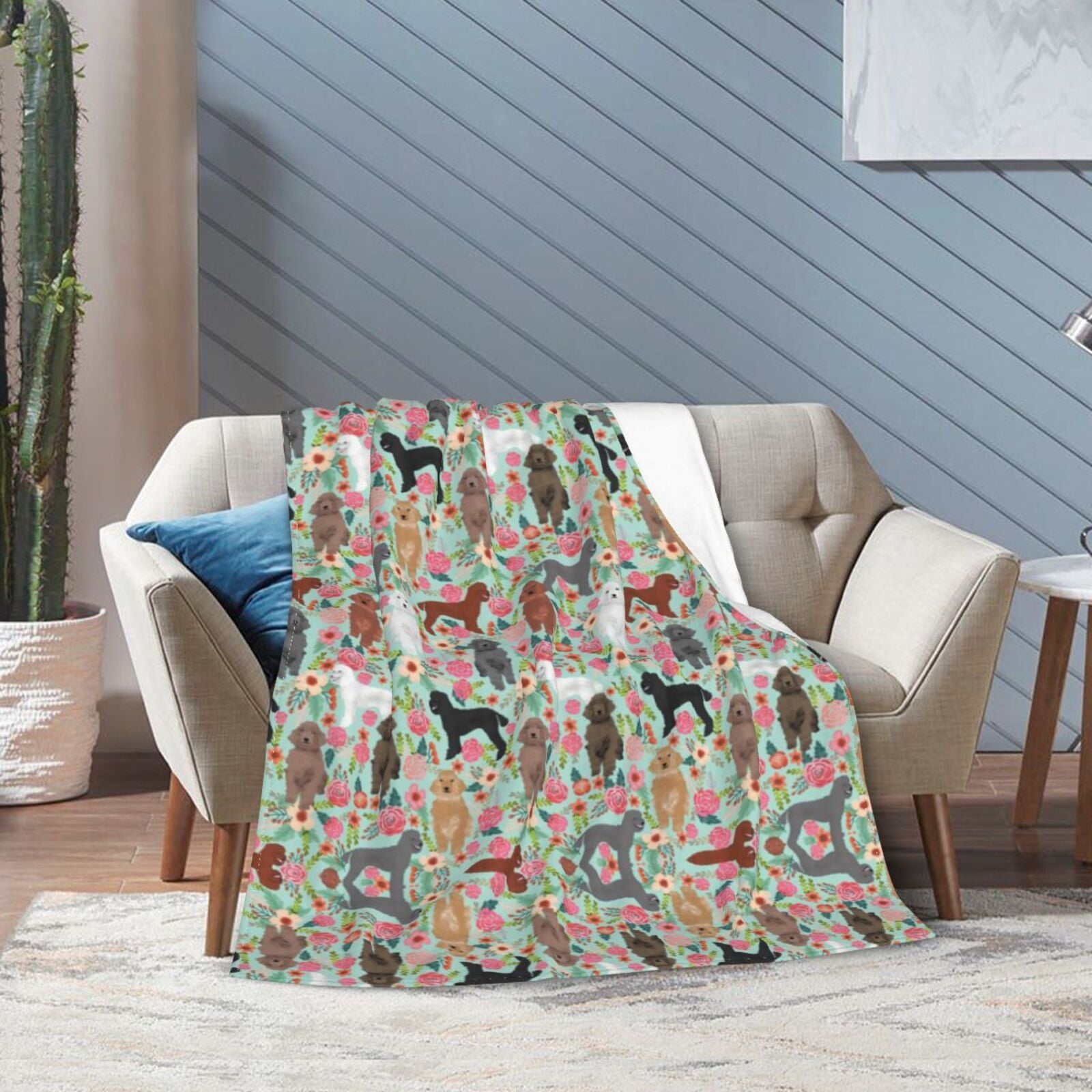 Wijzvio Poodle Dogs Flower Floral Throw Blanket Soft Fuzzy Fleece Blanket For Couch Bed Living Room Decoration 60"X50"