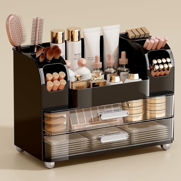 Makeup Organizer for Vanity with 2 Large Drawers, Cosmetic Display Case with Brush Holders, Easy to Storage for Bathroom Countertop Skincare, Perfume, White