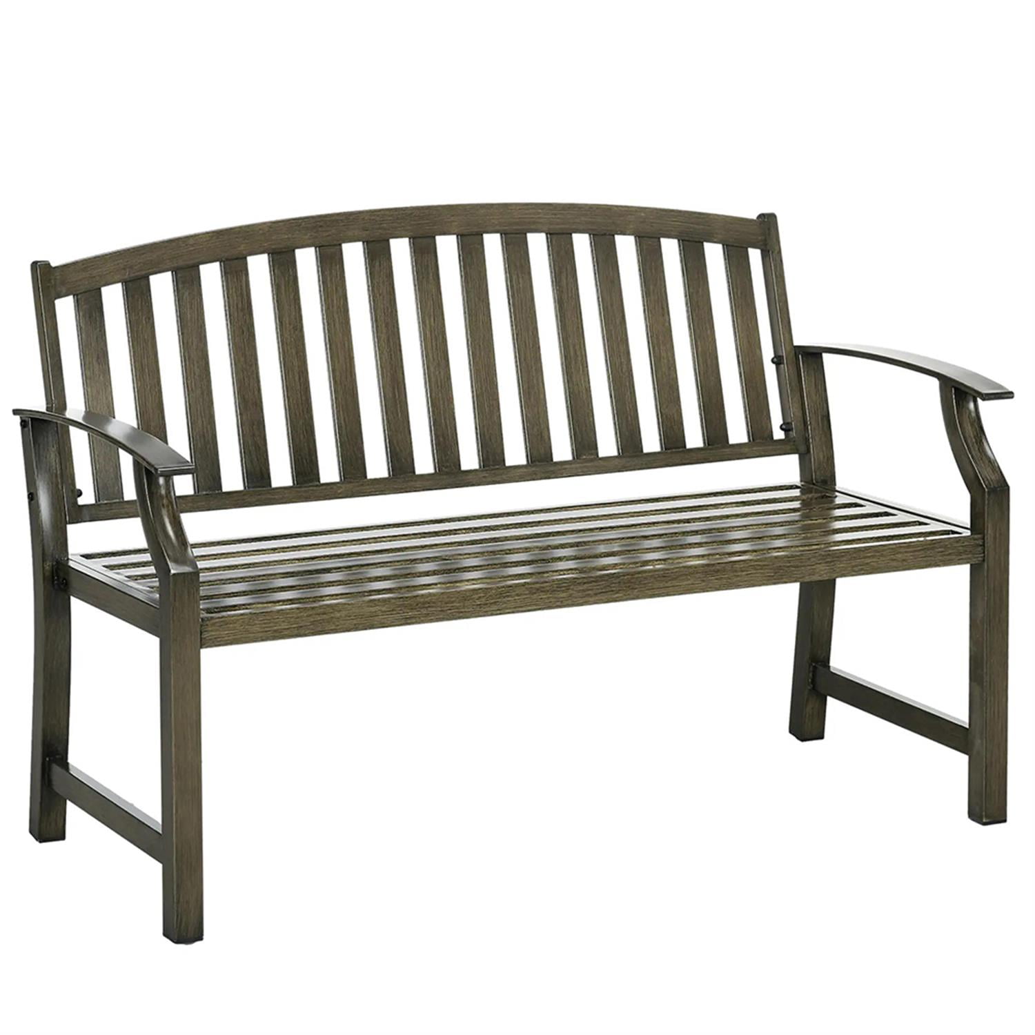 Demi Bonn 2-Person Patio Garden Bench Metal Porch Bench, Outdoor Benches Furniture with Wood Look for Backyard, Park, Lawn, Yard, Black
