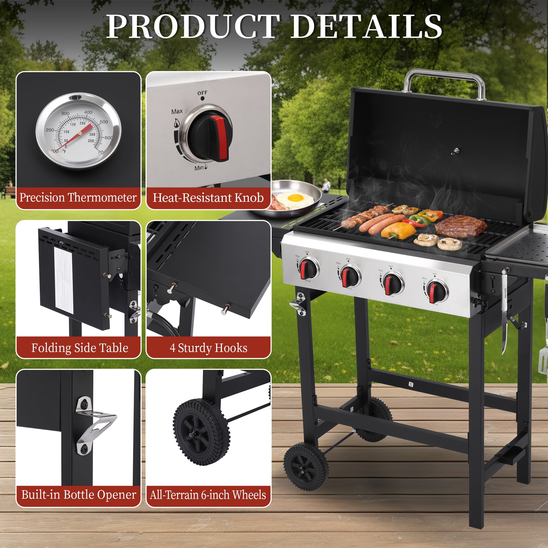 CIG GARDEN 4-Burner Propane Gas Grill with Folding Side Tables, Cast Iron Grates, and Stainless Steel Grill Pan